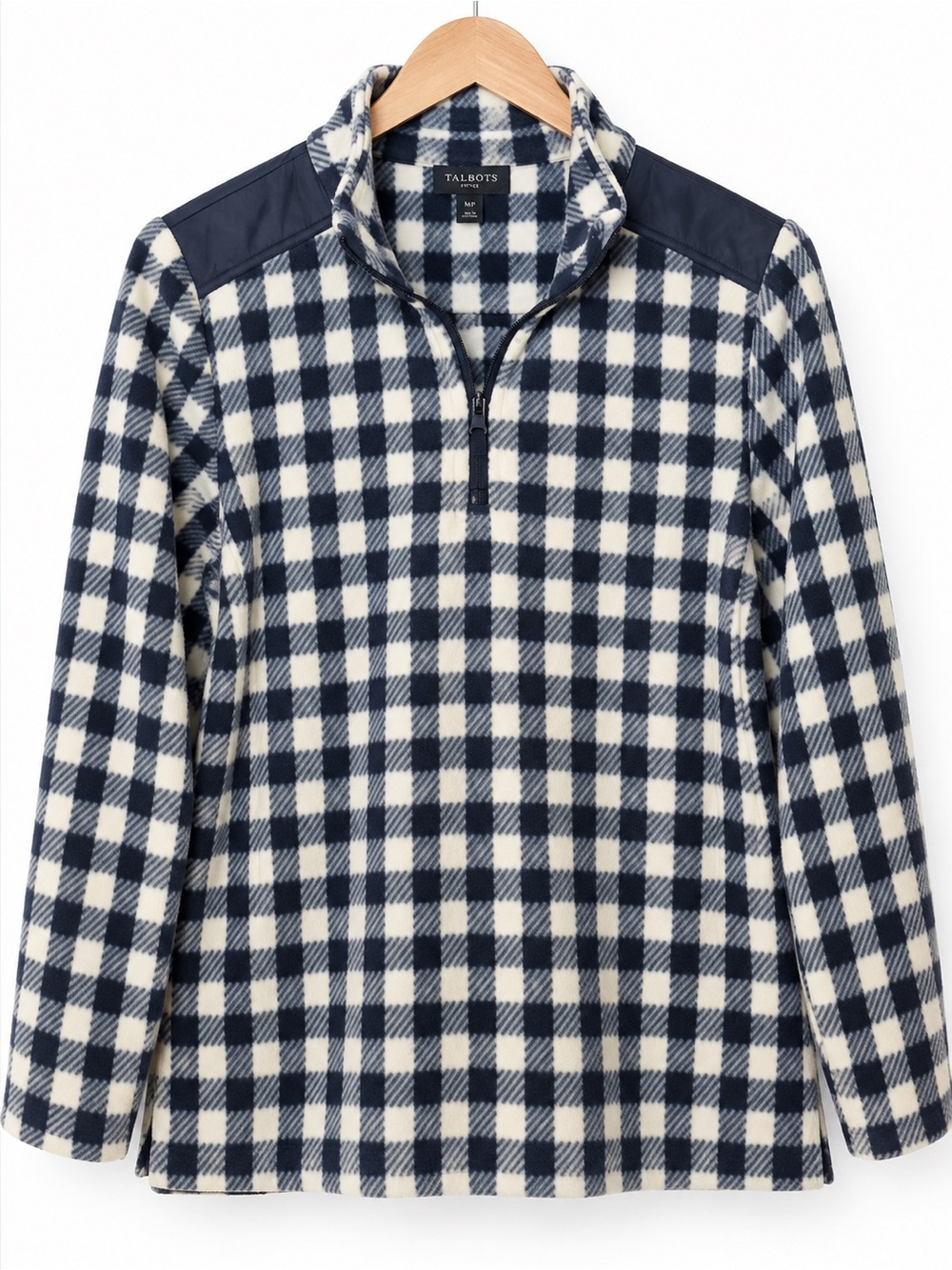 Talbots Petites Gingham Quarter Zip Fleece Pullover Blue Ivory MP